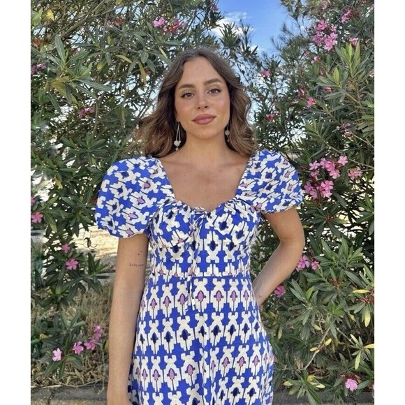 Zara Midi Maxi Dress Blue Ivory Pink Blogger Fave Women’s XL Puff Sleeve - Picture 4 of 15